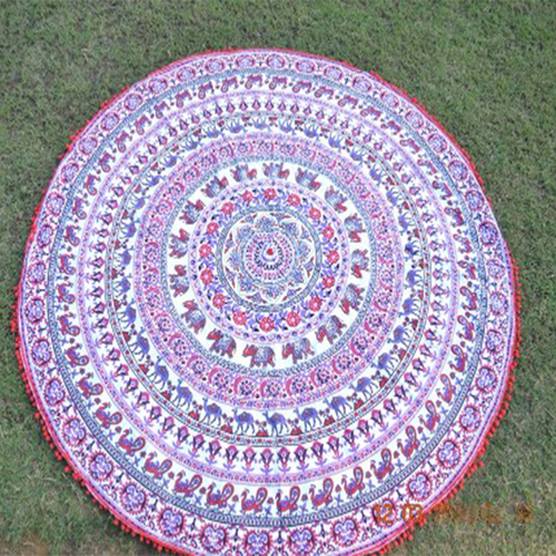 Red Multi Colour + Pink Animal Mandala Peacock Elephant Camel Hand Printed Towel Roundie