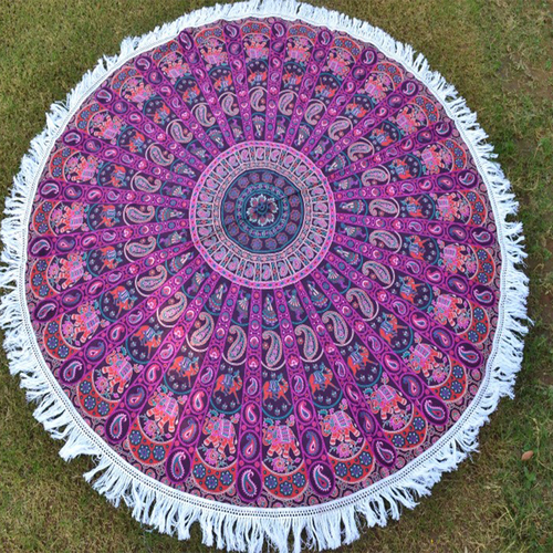 Mandala Print Cotton Round Mat - 72 Inches, Violet Color | Quick Drying, Hand Washable, Versatile Use for Beach, Camping, and Home Decor