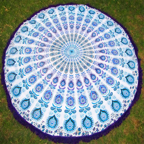 Purple + Multi Color White Base Hippie Roundie Yoga Mat Towel Tapestry