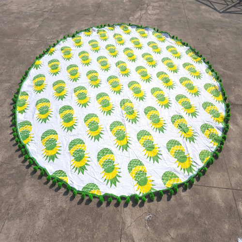 Yellow + Green + White Mandala Hand Printed Roundie Graffiti Pineapple Pattern Round Tapestry
