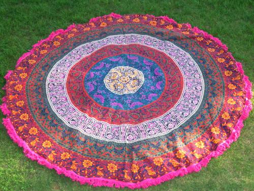 Multi Color Guru Mandala Indian 100% Cotton Floral Print With Tassels Hippy Roundie