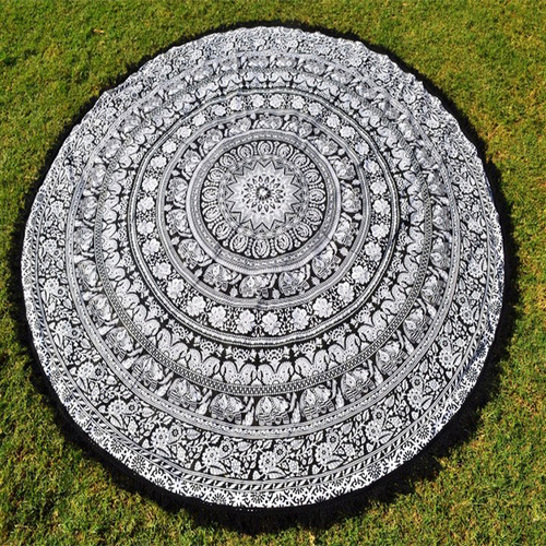 Black And White Indian Bohemian Hippie Elephant Star Round Tapestry Roundie