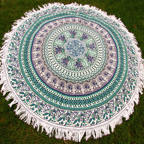 Green (Shades) Cotton Fabric Indian Round Mandala Animal Print Towel Roundie