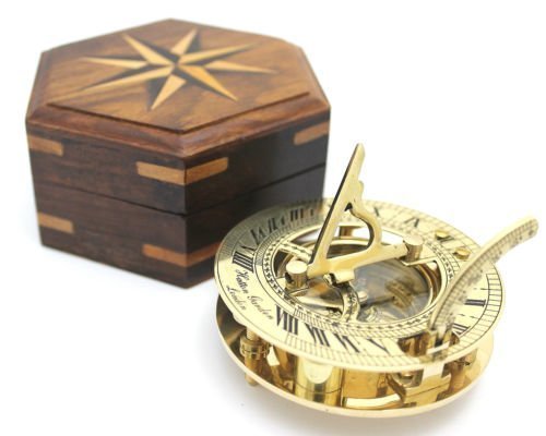 THORINSTRUMENTS (with device) Nautical Solid Brass Round Sundial Compass with Design Rosewood Box, Brass By THOR INSTRUMENTS CO.