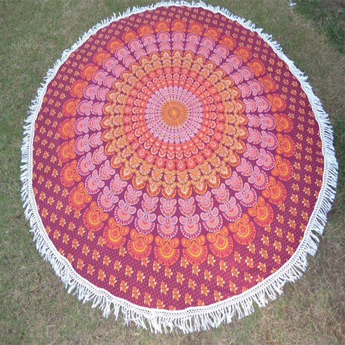 Multi + Maroon Roundie With Tassels Hippie Indian Cotton Floral Print Beach Towel