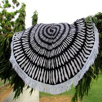 Black And White Apsara Mandala Print Indian 100% Cotton Roundie With Tassels