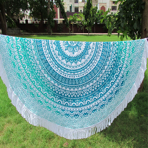 Cotton Round Ombre Mandala Mat - 72 Inches, Aqua Color, Quick Drying and Washable Design for Beach, Home, and Outdoor Use