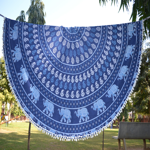 Blue Indian 100% Cotton Mandala Indigo Elephant Print Throw Roundie