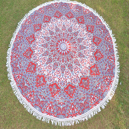Cotton Round Mat - 72 Inches, Red + Light Purple + Grey | Star Mandala Printed, Quick Drying, Washable, Ideal for Beach and Home Decor