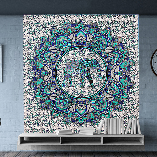 Blue+Green Indian 100 % Cotton Elephant Mandala Wall Home Decor Tapestry