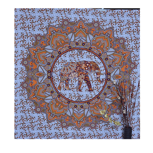Orange + Brown Hand Printed Indian Cotton Wall Decor Elephant Mandala Tapestry