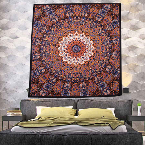 Cotton Bedspread - 84x94 Inch Rectangle | Quick Dry Brown Pigment Star Mandala Design, Versatile Use for Bedding, Wall Hangings, and Beach Mat