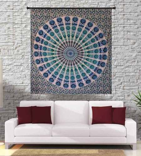 Peacock Mandala Indian Cotton Religious Traditional Tapestry