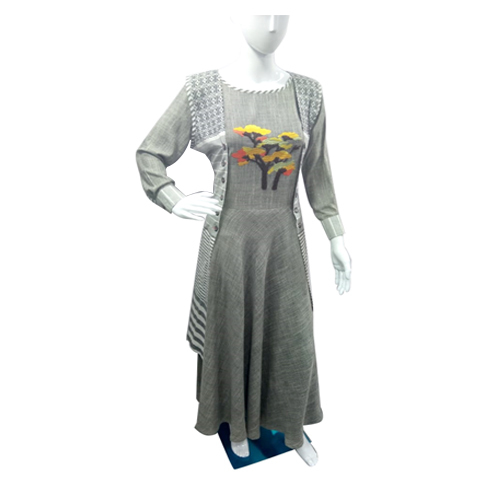 Ladies Designer Cotton Kurti - Cotton, Long Sleeve, Gray, Customized Fit | Breathable, No Fade, Non-Toxic, Washable, for Casual and Daily Wear