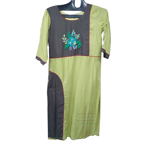 Cotton Embroidered Kurti - Cotton, Custom Sizes Available, Green and Dark Gray Color, 3-4th Sleeve, Casual & Daily Wear | Breathable, Non-Toxic, Washable, No Fade