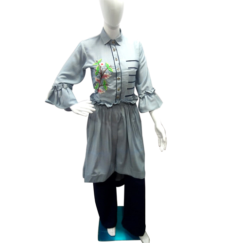 Ladies Fashionable Long Kurtis - Cotton Blend, Ruffled Sleeves, Gray | Breathable, Non Toxic, Washable, Casual, Formal, Party Wear