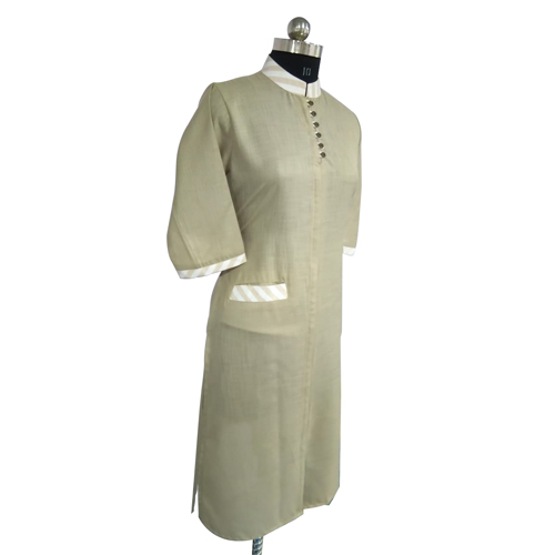 Ladies Designer Long Kurti - Cotton Blend, 3/4 Sleeve, Solid Beige with Off White Collar & Borders | Non Toxic, Washable, Breathable, Formal & Party Wear