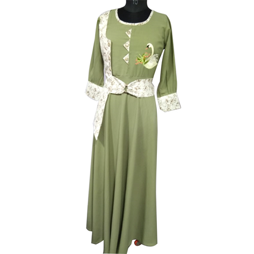 Full Length Ladies Cotton Kurti - Olive Green, Contrast Belted Half Jacket | Breathable, Non-Toxic, Washable, Long Sleeve, Classic Style