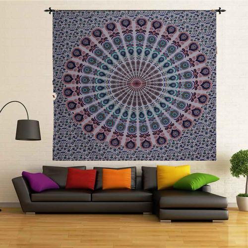 Multi Color Peacock Mandala Indian 100% Cotton Wall Hanging Tapestry