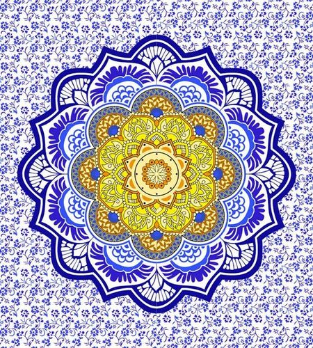 Blue + Multi Color Lotus Floral Mandala Indian 100% Design Hand Printed Wall Hangings Tapestry