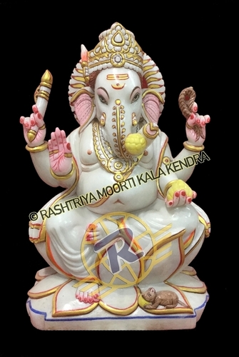 Lord Ganesha Statue - 12 Inch Handmade Makrana Marble Carving, Eco-Friendly, UV Resistant, Washable, Fireproof Standard, Beautiful Gold Finishing
