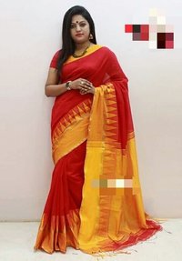 Handloom Cotton Silk Tample Border Saree - Light Weight Cotton Silk, Soothing And Bright Colors, Versatile Draping Styles