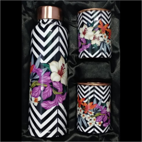 Floral Printed Copper Bottle With Glass Set