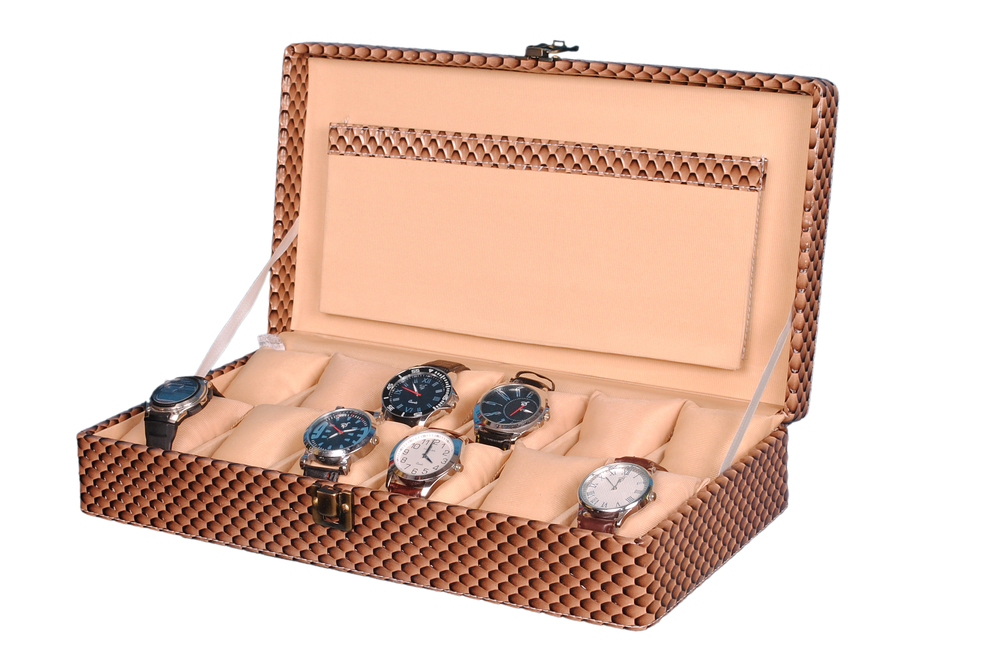 Hard Craft Watch Box Case Pu Leather Brownish Mat For 12 Watch Slots Size: Width 15 Inch