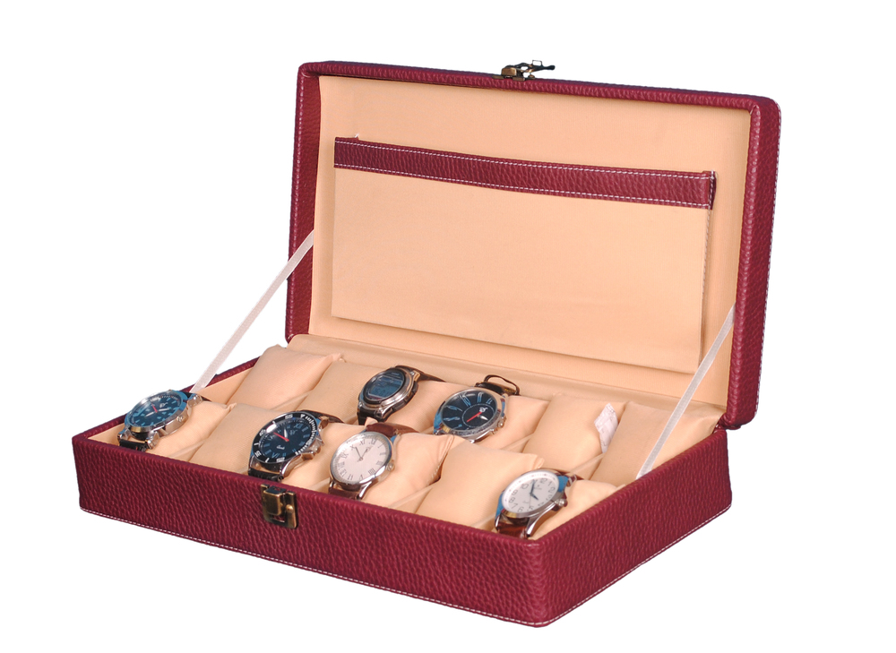 Hard Craft Watch Box Case PU Leather Maroon Dotted Design for 12 Watch Slots