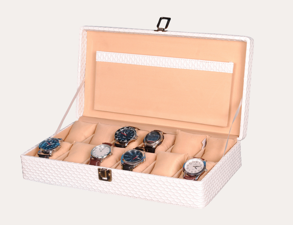 Hard Craft Watch Box Case PU Leather White Mat for 12 Watch Slots