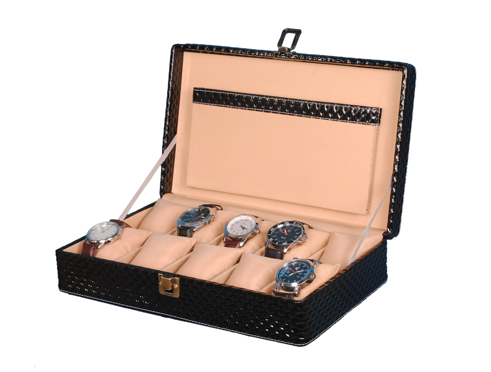 Hard Craft Watch Box Case PU Leather Black Mat Design for 10 Watch Slots