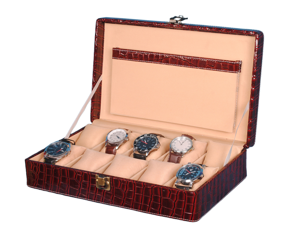 Hard Craft Watch Box Case PU Leather Maroon Croco for 10 Watch Slots