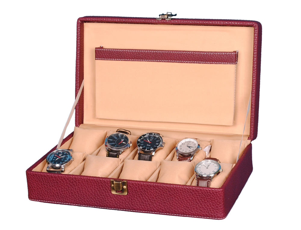 Hard Craft Watch Box Case PU Leather Maroon Dotted Design for 10 Watch Slots