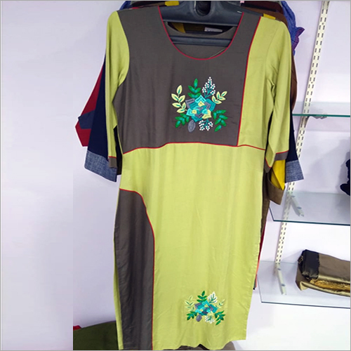 Green And Dark Brown Ladies Half Sleeve Kurtis