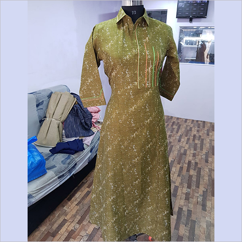 Ladies Collar Kurti - Printed Cotton Blend, Bottle Green Color | Breathable, No Fade, Non-Toxic, 3-4th Sleeve Style, Perfect for Casual and Daily Wear