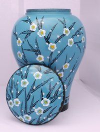 Hand Painted Blue Flower Cremation Urn