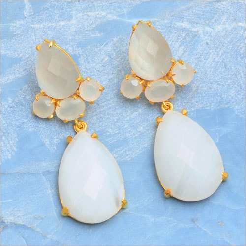 925 Silver White Chalcedony Gold Plated Earring