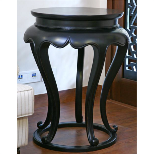 Lotus Side Table - Wood Material | Black Polished Finish Intricate Detailing Elegant Round Top