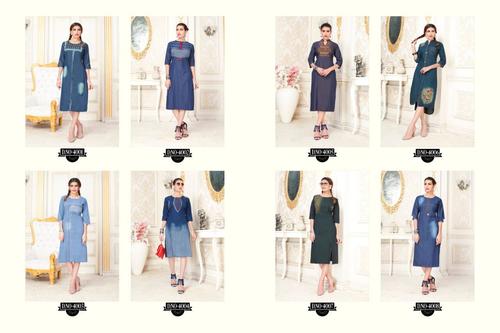 Ladies Denim Dress - Pure Denim Cotton, Size M(38) L(40) XL(42) XXL(44), Denim Blue and Green Colors, Modern Trendy Design, 3-4th and Full Sleeves, Breathable Quick Dry Washable Fabrics, All Season Wear
