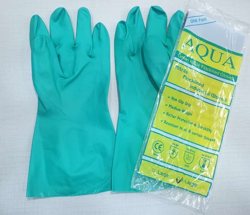 Plain Aqua Green Nitrile Flocklined Hand Gloves