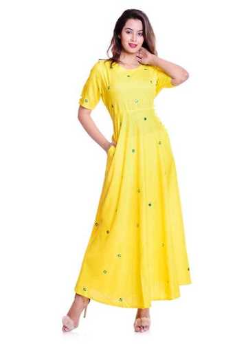 Yellow And Multi Color Ladies Round Neck With Embroidery Fancy Kurtis