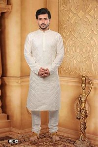 Cream Mens Embroidered Kurta Pyjama