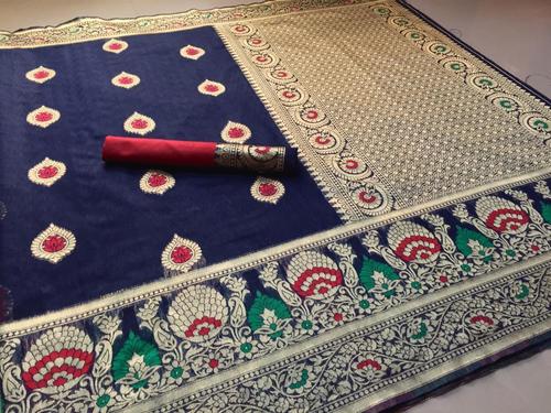 Blue Banarasi Cotton Slub Sarees For Womens