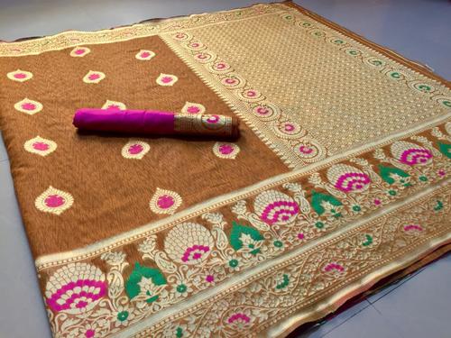 Orange Banarasi Cotton Slub Sarees For Womens