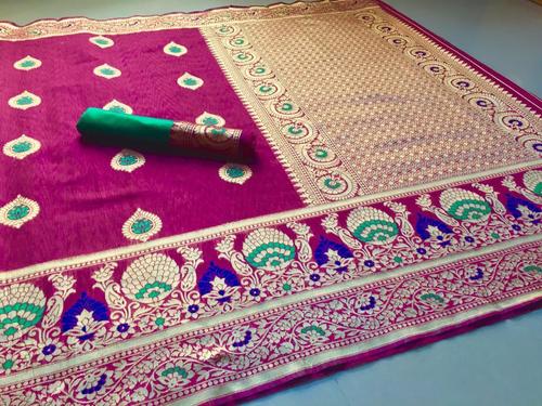 Banarasi Cotton Slub Saree - Silk Material, Pink Color, Printed Pattern | Rich Pallu, Contrast Blouse Piece, Kantha Stitch Design