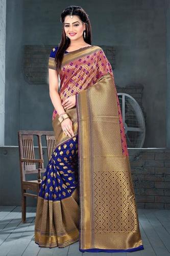 Blue And Light Pink Banarasi Silk Weaving
