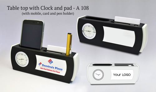 Metal Table Top With Clock And Pad (With Mobile,Card And Pen Holder)