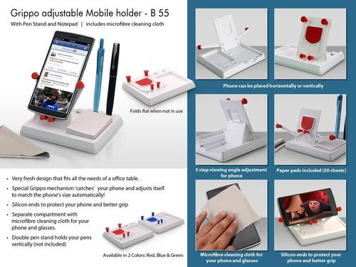 GRIPPO MOBILE HOLDER WITH ANGLE ADJUSTMENT, PEN STAND, AND NOTEPAD - Plastic, 14.7x12.5x3.2 cm, 122 gms | Adjustable Viewing Angles, Microfibre Cleaning Cloth, Flat Fold Design