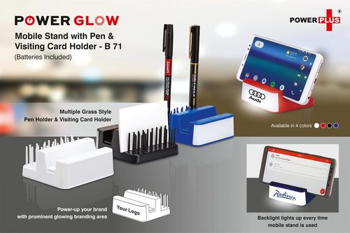 POWERGLOW MOBILE STAND WITH PEN AND VISITING CARD HOLDER (GRASS STYLE) - Plastic 8.4x8.4x3.9 cm Available in White Red Black Blue | Backlit Branding Area Grass Style Holders Batteries Included