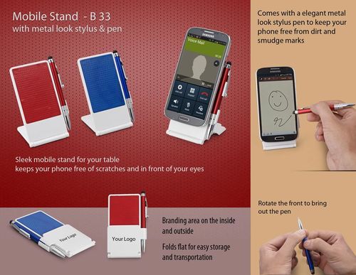MOBILE STAND WITH METAL LOOK STYLUS & PEN - Metal Material, 12X7.3X1.5 cm Dimensions, Sleek Design, Rotating Pen Feature, Compact and Portable